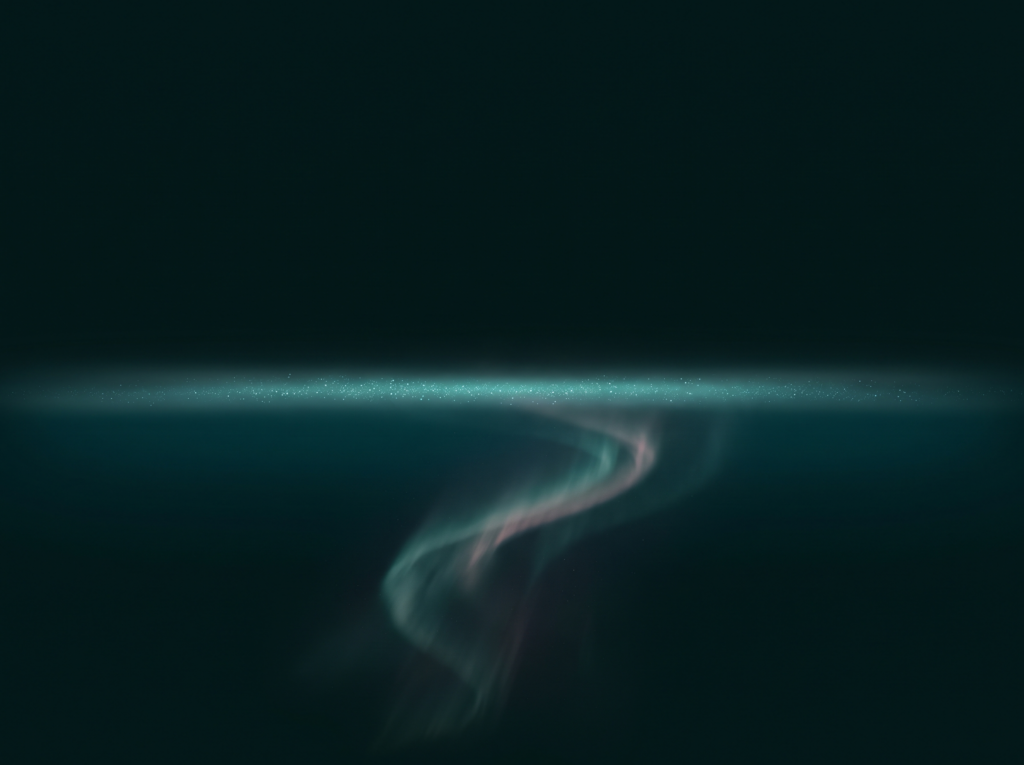 Abstract glowing teal horizon with a faint aurora ribbon drifting upward