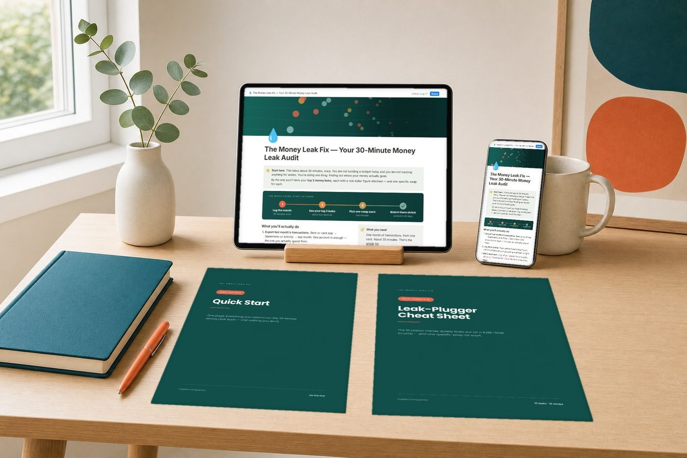 The Money Leak Fix: Notion audit on a tablet with the four printable guides