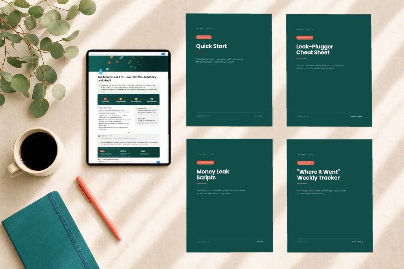 Overhead view of everything in The Money Leak Fix: the Notion audit on a tablet and the four printed guides