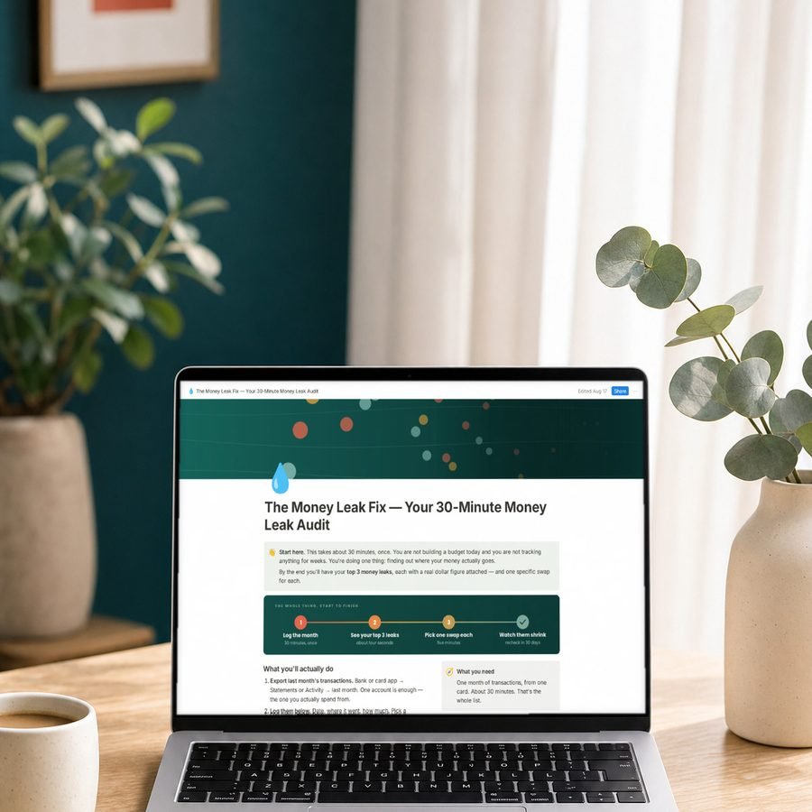 The Money Leak Fix Notion audit page on a laptop