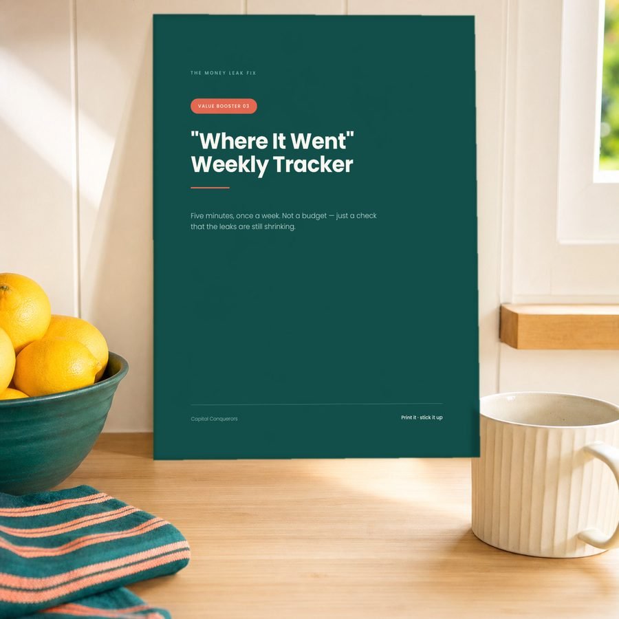 The printed Where It Went weekly tracker on a kitchen counter