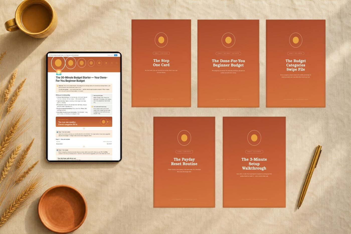 Overhead view of everything in The 30-Minute Budget Starter: the Notion budget on a tablet and five printed guides