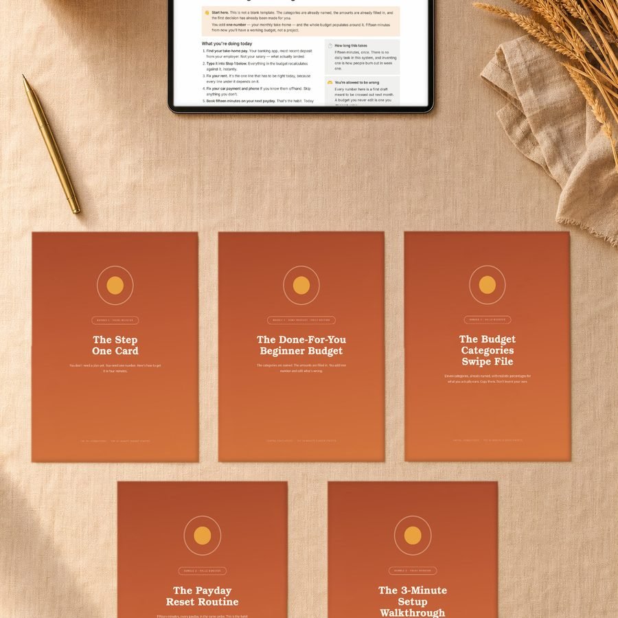 Everything in The 30-Minute Budget Starter laid out on a table