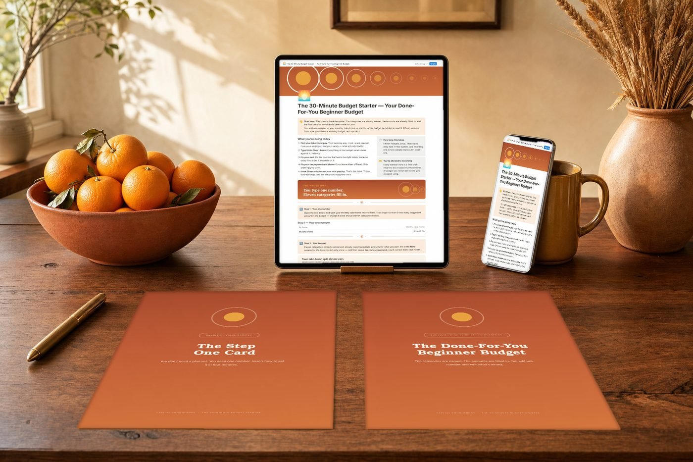 The 30-Minute Budget Starter: Notion budget on a tablet with the five printable guides